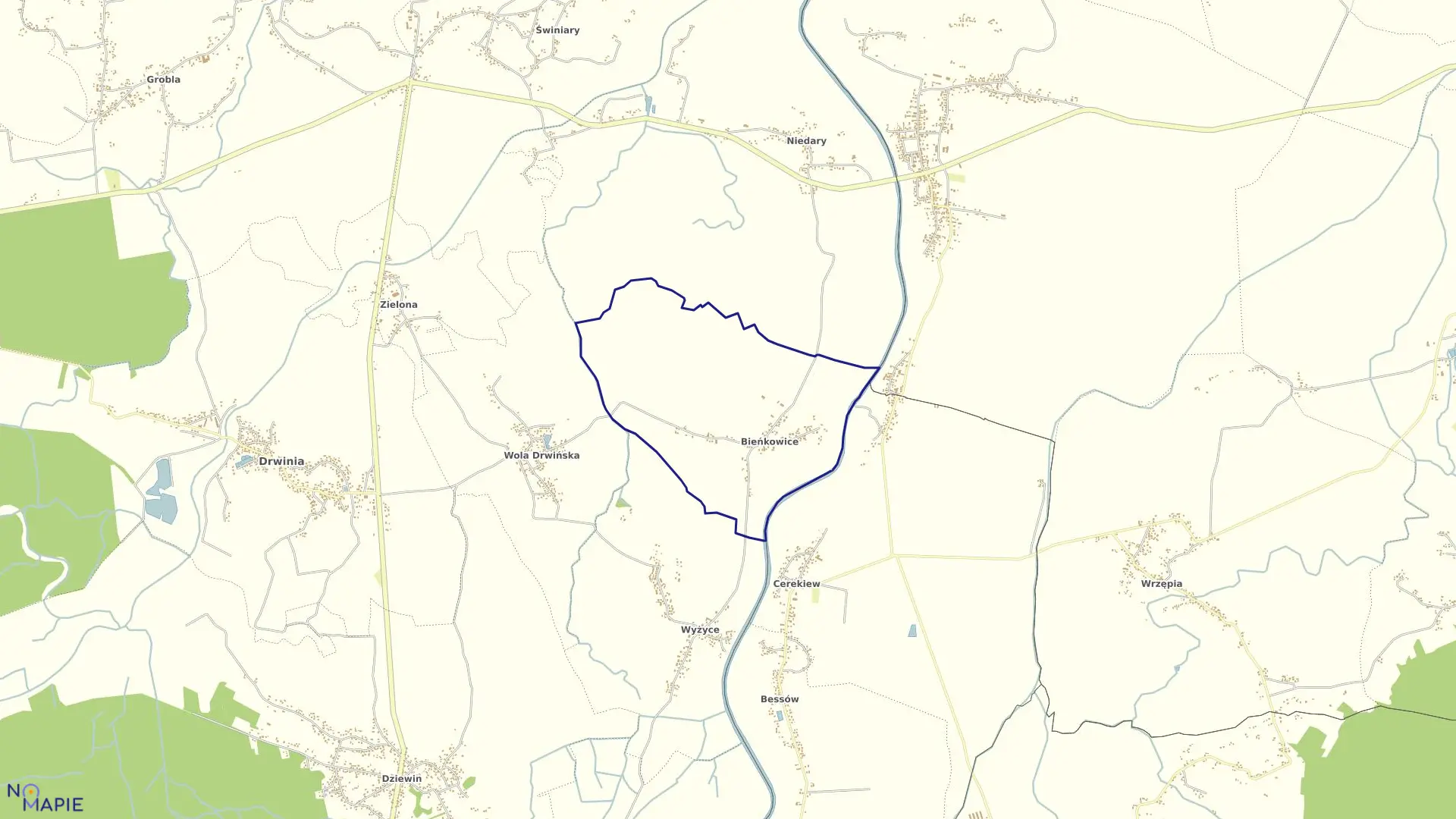 Mapa obrębu Bieńkowice w gminie Drwinia