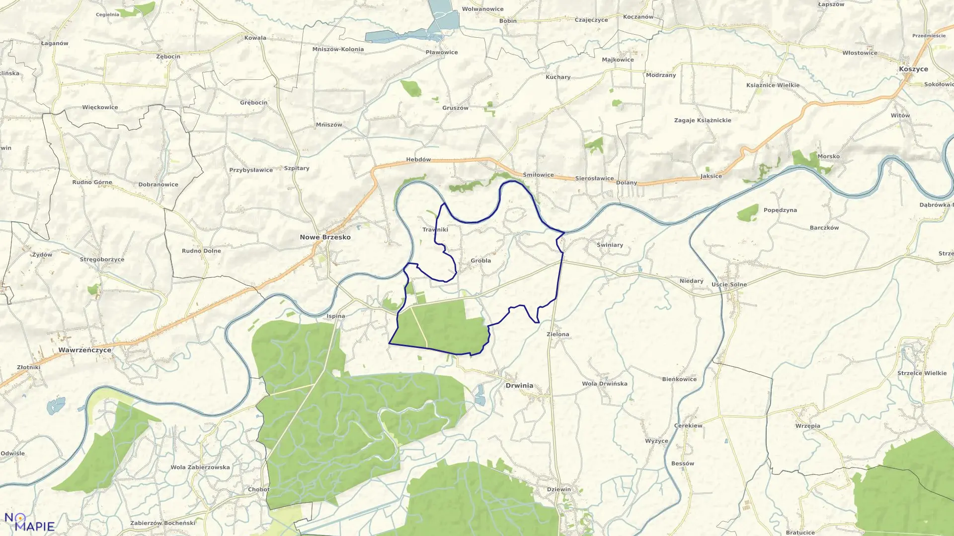 Mapa obrębu Grobla w gminie Drwinia