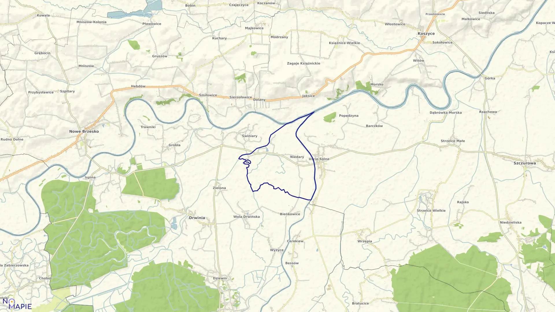 Mapa obrębu Niedary w gminie Drwinia